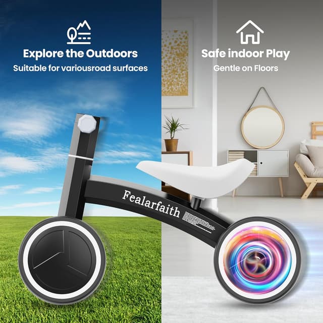 Thumbnail 6 de Baby Balance Bike for 1 Year Olds (10-36 Months) with 4 LED Lighting Wheels, Enclosed Wheels & Steering Limit (Black)