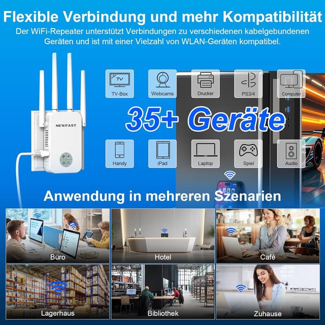 Detalle de NEWFAST WLAN Repeater 1200 Mbit/s Dualband – WiFi-Extender mit 4 drehbaren Antennen, Ethernet-Port & MU-MIMO