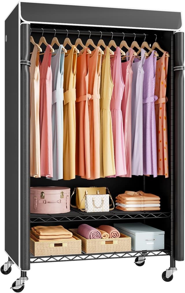 Detalle de ULIFHOME P6C Rolling Clothes Rack with Cover (Max Load 365 lbs) — Black