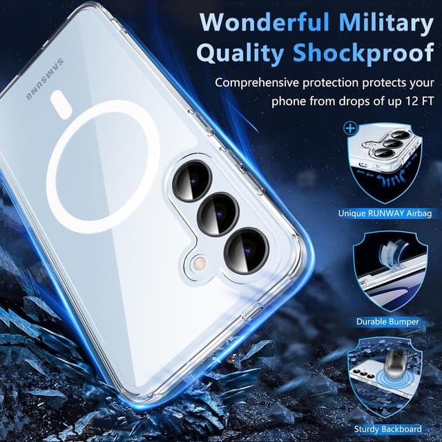 Detalle de OWKEY for Samsung Galaxy S25 Case (MagSafe Compatible, Clear) with Tempered Glass Screen Protector