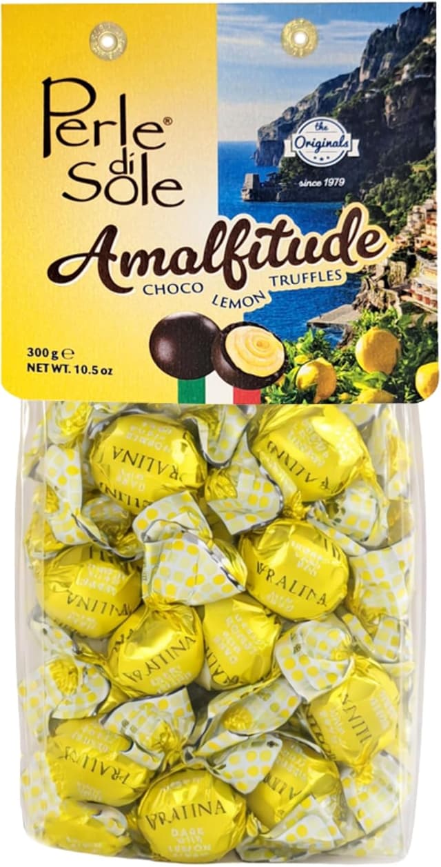 Detalle de Perle di Sole ‘Amalfitude’ praline al limone Costa d’Amalfi I.G.P. con cuore cremoso e cioccolato fondente, 300 g