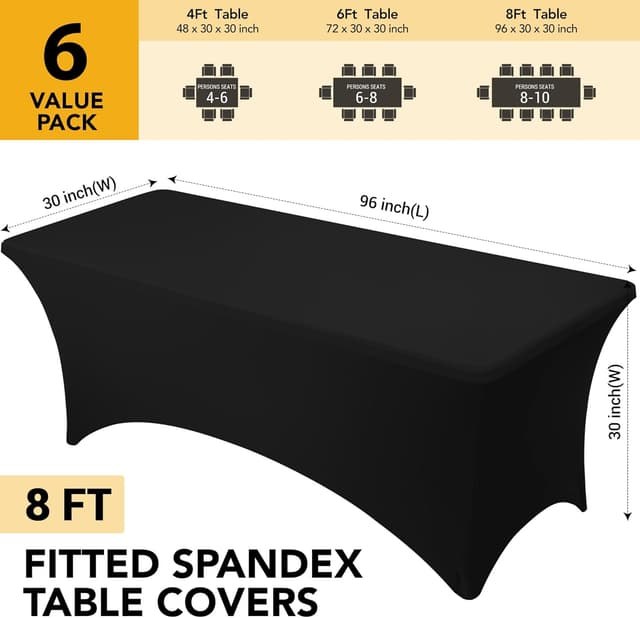 Thumbnail 5 de Dailyset Black Spandex Tablecloths 8ft 6-Pack