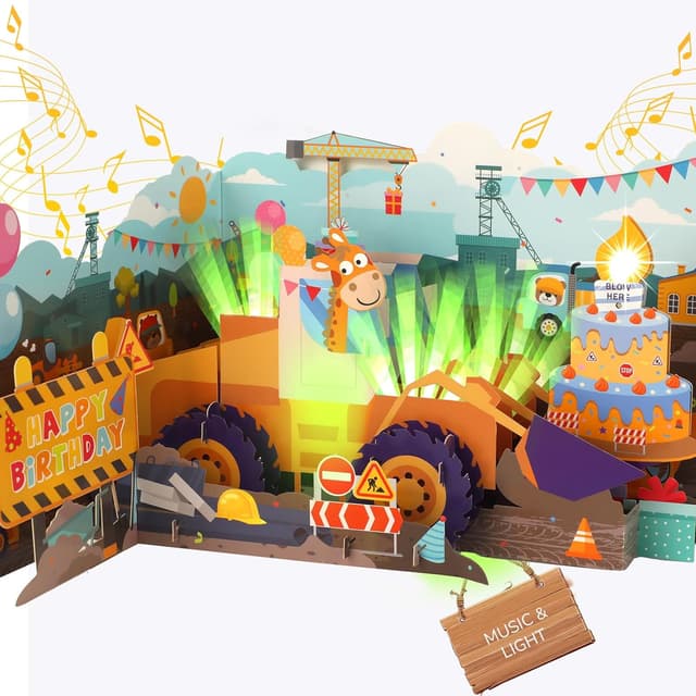 Detalle de Musical Birthday Card for Kids: 3D Bulldozer Pop-up with Lights, Sounds & Blowable Candle
