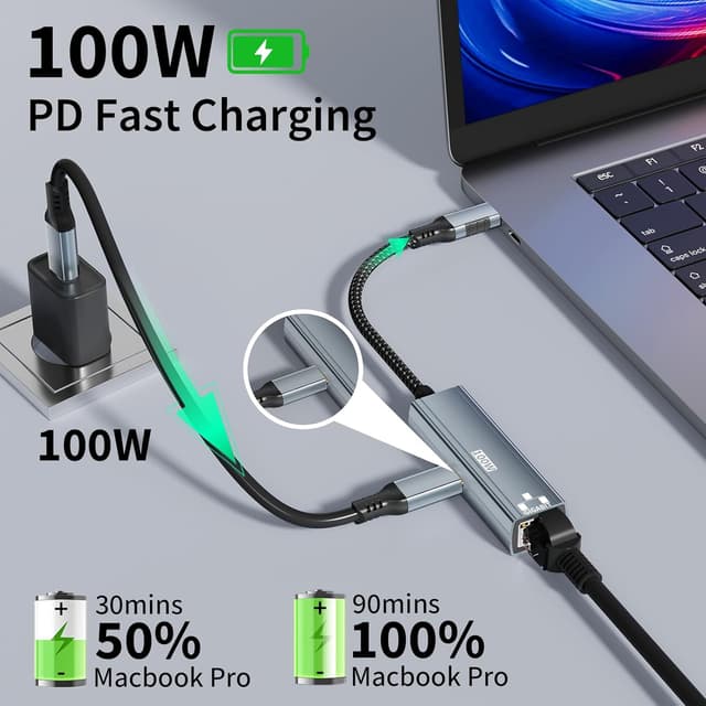 Detalle de Esiposs 2-in-1 USB-C auf Gigabit-Ethernet Adapter mit 100W Power Delivery (RJ45) – 1 Gbit/s, Grau
