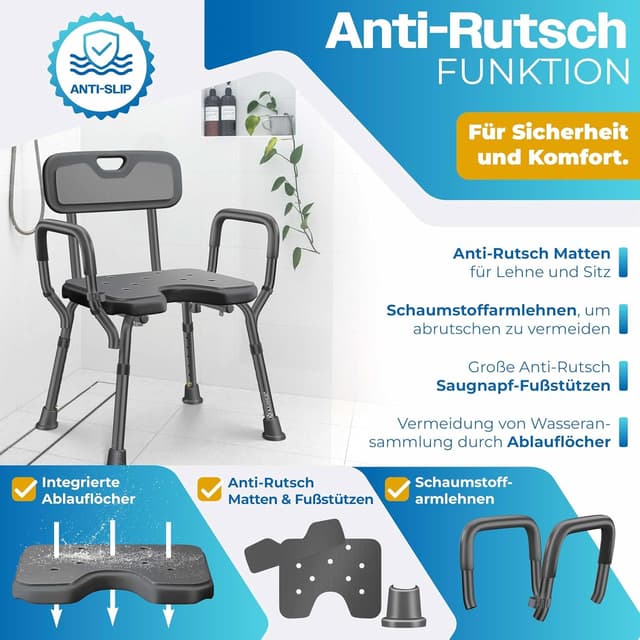 Detalle de KESSER® Duschhocker mit Lehne – höhenverstellbarer Duschsitz für Senioren & Schwangere, 150 kg belastbar