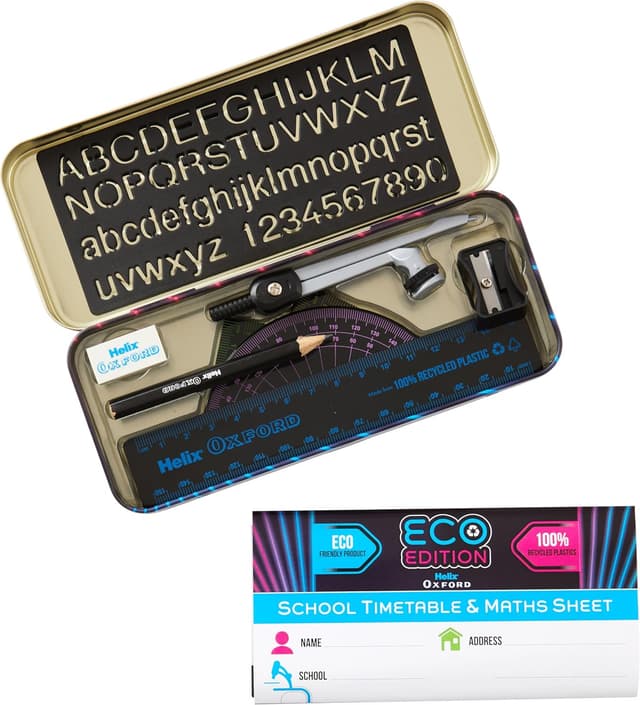 Detalle de Helix Oxford Cyber Eco Maths Set – complete 9-piece school maths equipment (with tin)