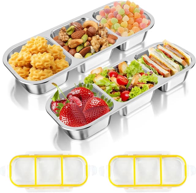 Detalle de lompyeu Snackbox mit Fächern (2er-Set) – Edelstahl-Brotdose für Kinder mit 3 Fächern