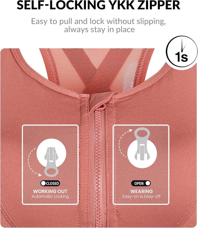 Detalle de Yvette High Impact Zip Front Sports Bra with Mesh Racerback Support (Front Closure)