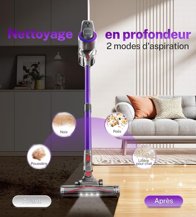 Detalle de Aspirateur Balai sans Fil N300 28 kPa (2 vitesses) – 55 min d’autonomie, 6 en 1 pour poils d’animaux