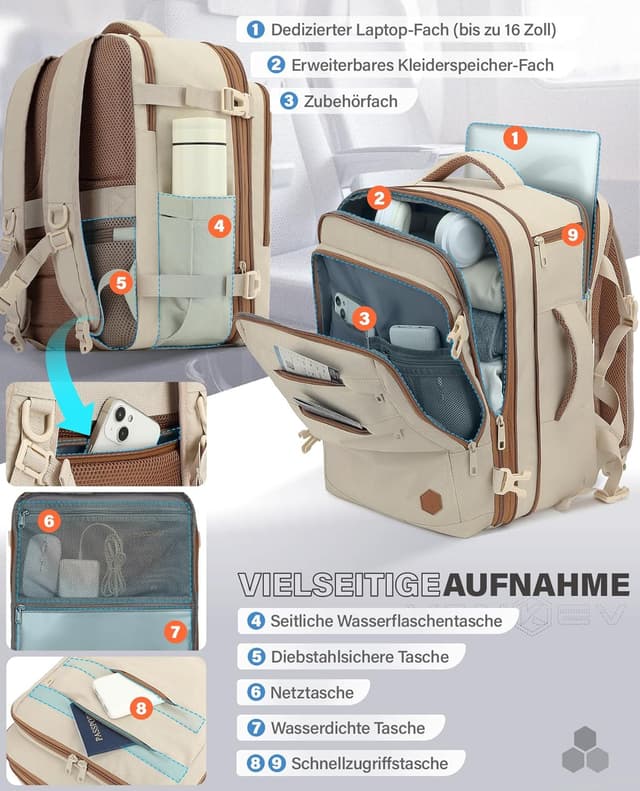 Detalle de VANKEV Handgepäck-Rucksack 40×30×20–25 cm