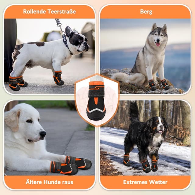 Thumbnail 6 de Eyein Hundeschuhe Pfotenschutz (2 Stück) wasserabweisend, rutschfeste Sohle, reflektierender Klettverschluss – Größe 4, Orange