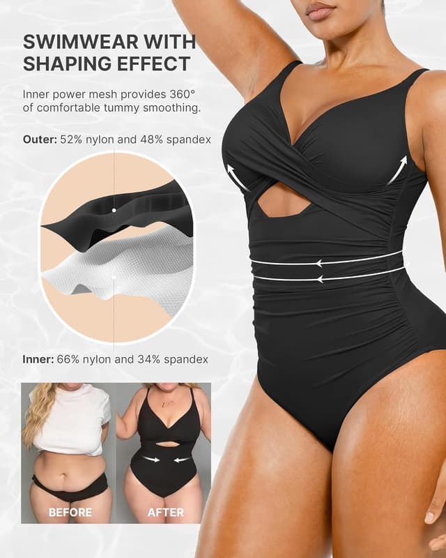 Detalle 1 de SHAPELLX Tummy Control V-Neck Ruched One-Piece Swimsuit with Built-in Bra