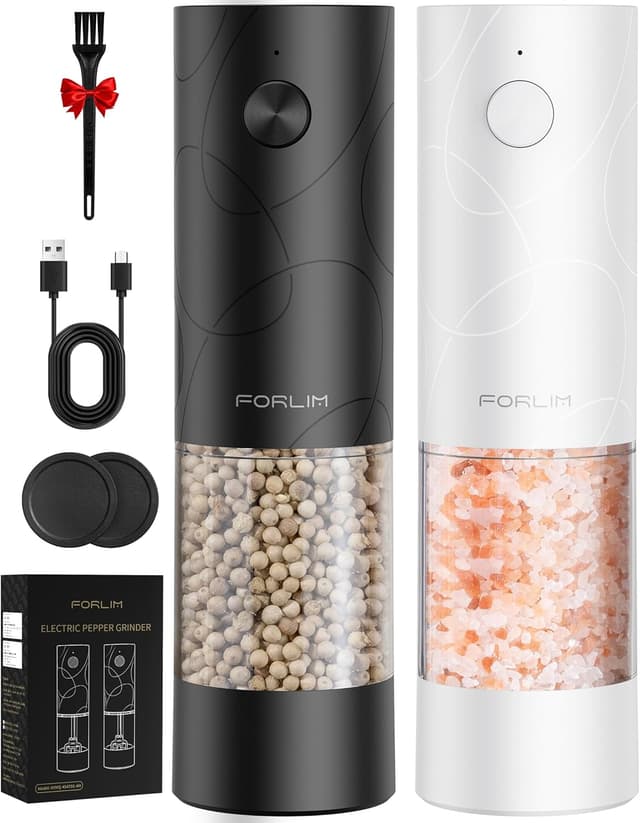 Detalle de FORLIM Electric Salt and Pepper Grinder Set (USB Rechargeable) with Warm LED Light, Adjustable Coarseness, Automatic One-Button Control — 2 Packs