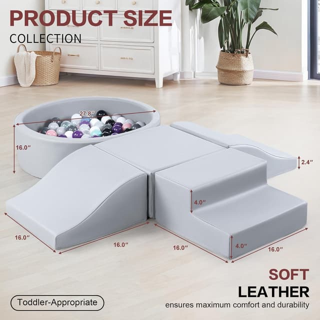 Detalle 2 de JungleDove 5-Piece PU Leather Indoor Soft Play Set with Ball Pool (Grey)