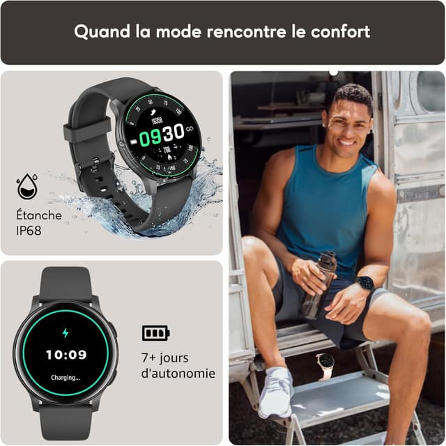 Detalle 2 de AcclaFit Montre connectée ronde 1,38" avec appel Bluetooth, 147+ modes sport et suivi cardio