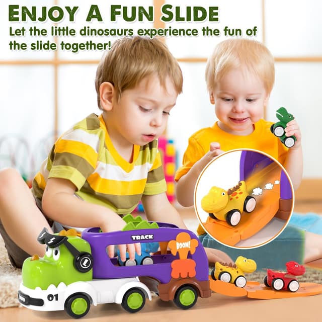 Detalle de Lehoo Castle 5-in-1 Dinosaur Truck Toddler Toy (LED, Pull Back, Slide Park) for 2 Year Olds