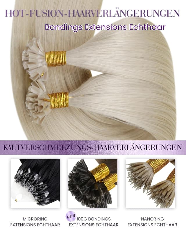 Detalle de LaaVoo Echthaar Bonding Extensions mit Keratin-Bondings – Platinblond, #60, 55 cm (50 g/50 S)