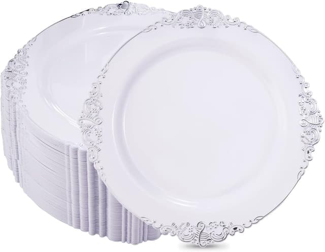 Detalle de Hioasis 100pcs White Silver Plastic Plates (10.25in) — Disposable Heavy-Duty Dinner Plates for Thanksgiving and Holiday Gatherings
