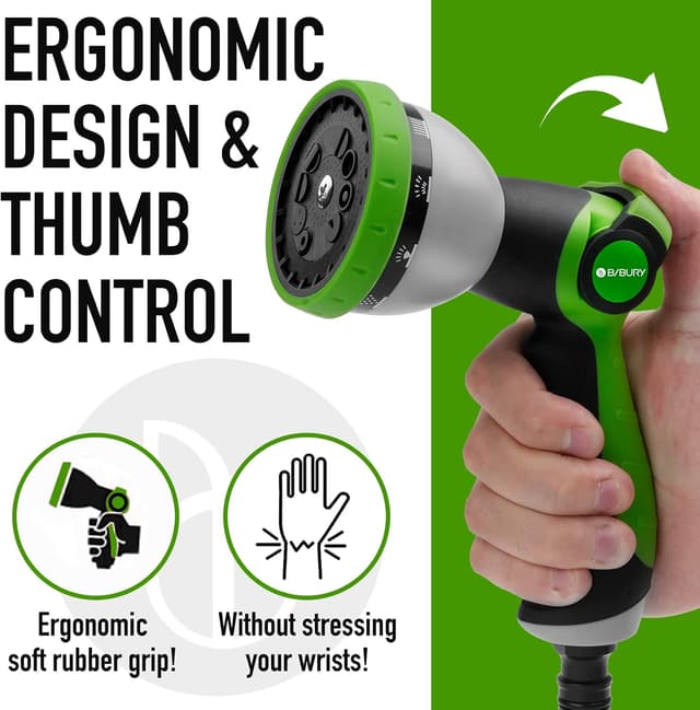 Detalle de BIBURY Gartenbrause mit 10 Sprühmuster und Daumensteuerung – leichte Handbrause für Garten, Rasenkanten & Haustier-Duschen