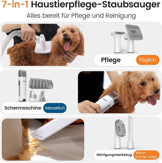 Detalle de oneisall Hundeschermaschine mit Staubsauger – 12.000 Pa Saugkraft, 7 Pflege-Tools
