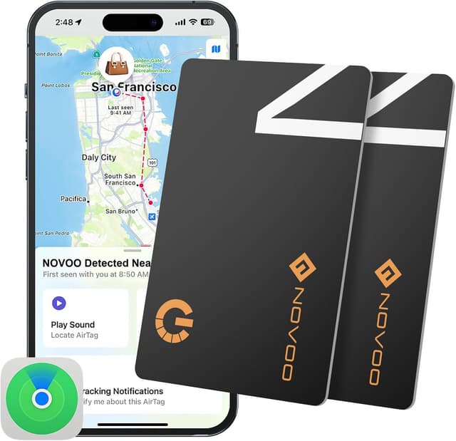 Detalle de NOVOO SmartCard Wallet Tracker 2-Pack (Air Locator Tags) – Apple Find My compatible, IP68 waterproof, 6-year battery, black