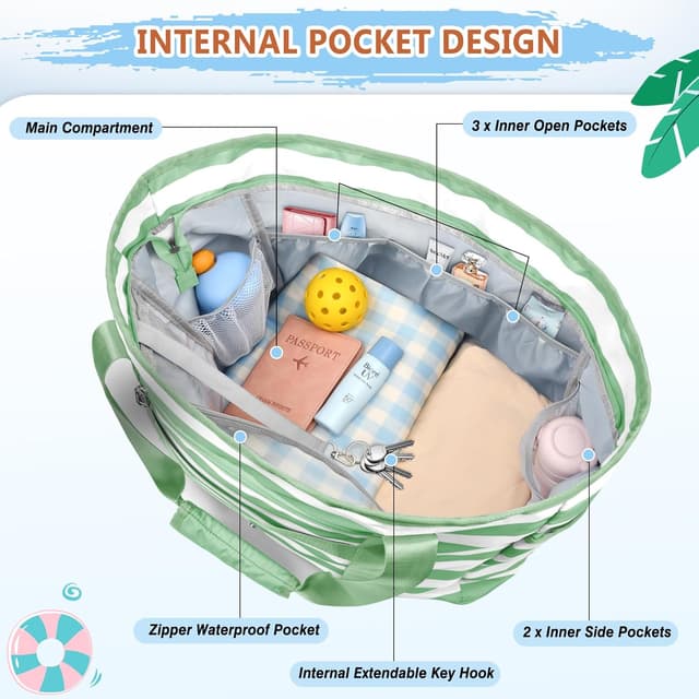 Detalle de KTUEOV Sac de plage femme XXL 45 L pliable et imperméable, avec fermetures et compartiments pour piscine, voyage et shopping