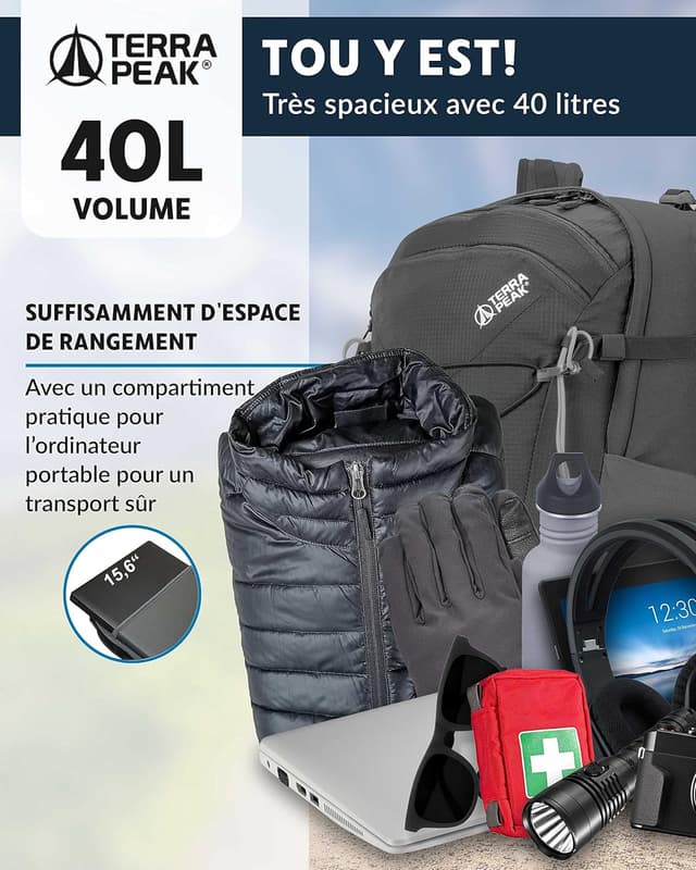 Detalle 2 de Terra Peak FLEX 40 – Sac à dos de randonnée 40L (FLEX 40) respirant et imperméable, conçu pour femme et homme