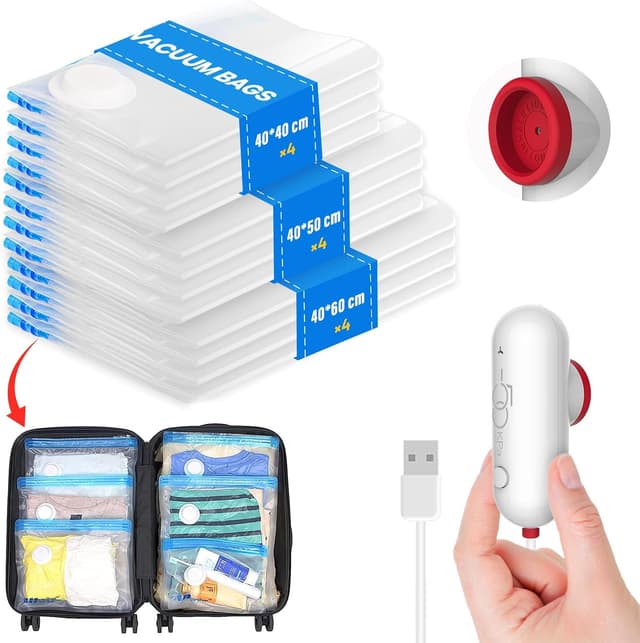 Detalle de Vacbird Vacbird Sacchi Sottovuoto Vestiti con Pompa Elettrica USB, set da 12 buste (3 misure) per risparmiare spazio