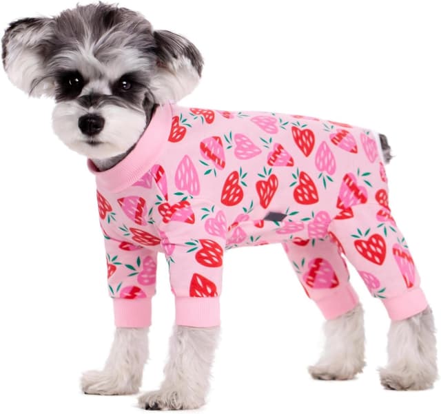 Detalle de Blue Dream Island Dog Surgery Recovery Suit (Male/Female) – Pink Strawberry Onesie for Small/Medium Dogs