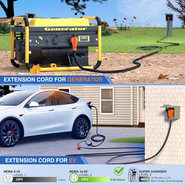 Detalle de Nilight 50 Amp 50FT RV/EV Extension Cord, 6/3+8/1 Pure Copper, NEMA 14-50 4-Prong (14-50P to 14-50R), 250V