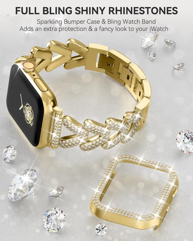 Detalle de Bling Gold Rhinestones Encrusted Metal Bracelet & Case for Apple Watch Bands (38–49mm)