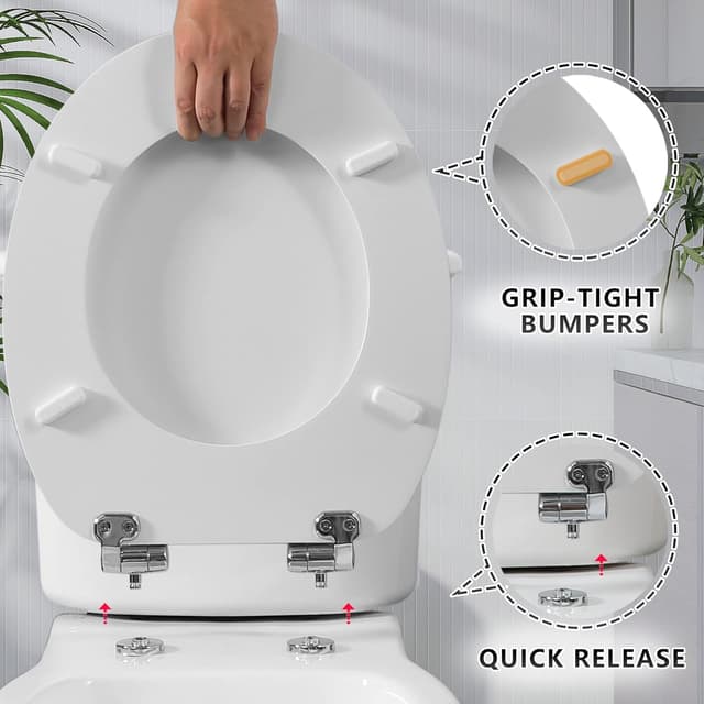 Thumbnail 3 de Angel Shield White Wooden Toilet Seat Antibacterial Adjustable Hinges Toilet Seat Fits Never Slips for Bathroom with Soft Close and Quick Release for Easy Clean and Assembly (Soft Close, White)
Angel Shield White Wooden Toilet Seat Antibacterial A…