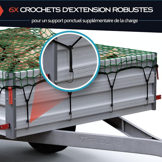 Detalle de TRIBURG filet pour remorque 1,5 x 2,7 m avec 6 crochets extenseurs et tendeurs en caoutchouc
