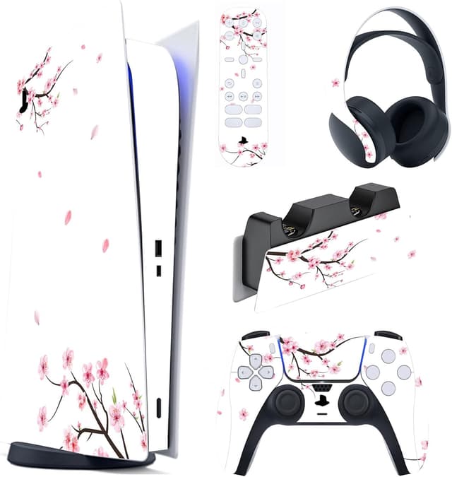 Detalle de playvital Full Set Skin Decal for PS5 Digital Edition (Falling Cherry Blossom) for Console, Controllers & Accessories