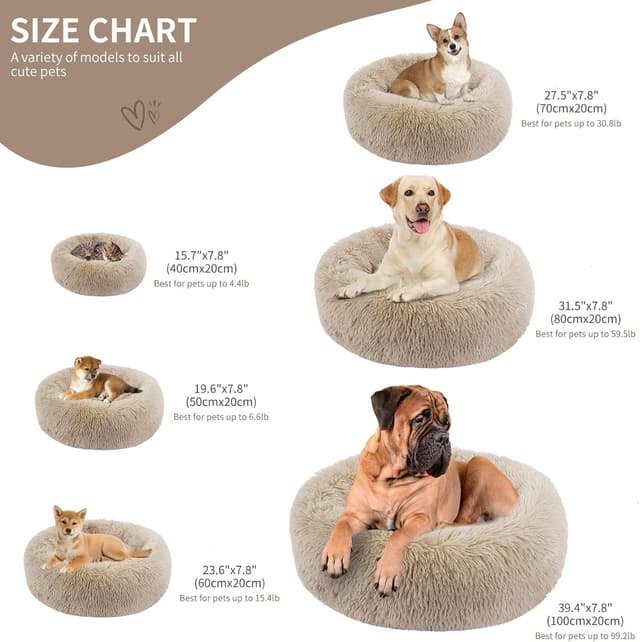Detalle de BVAGSS Anxiety Dog Bed – Round Plush Donut Bed (40 cm), Light Brown