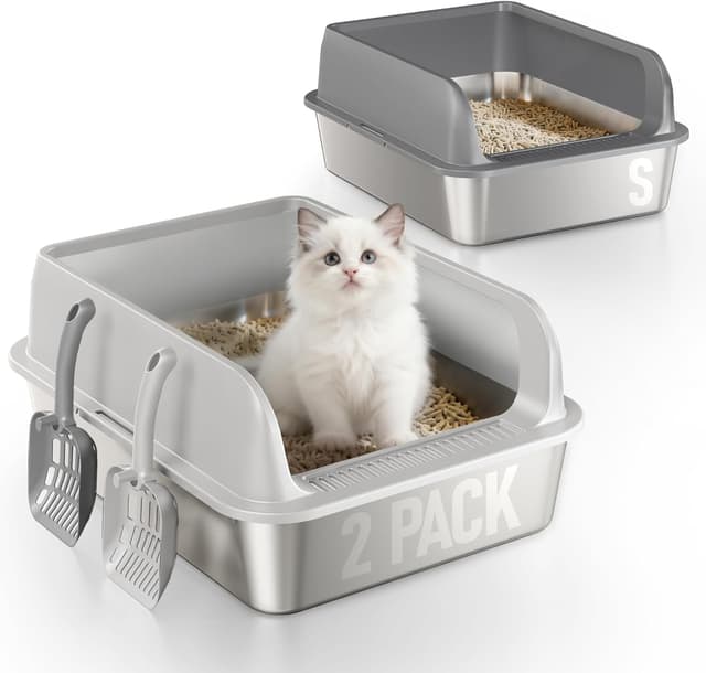 Thumbnail 6 de Fusblom 2 Pack Stainless Steel Cat Litter Tray with Scoops (High-Sided, Non-Sticky) – Dark Grey & Light Grey