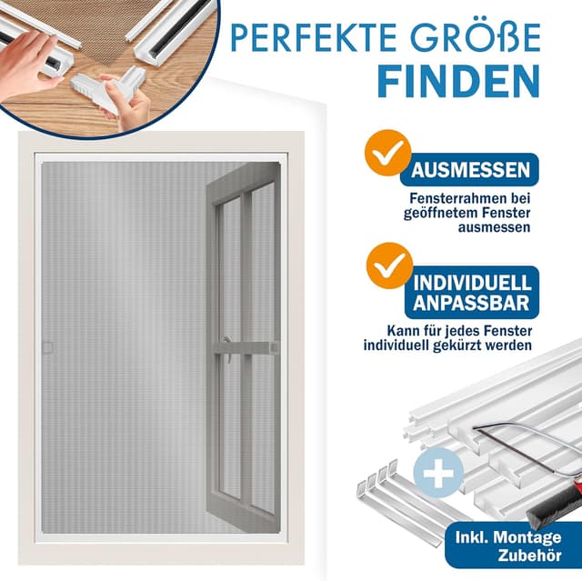 Detalle de KESSER® Fliegengitter Fenster 130x150 cm mit Aluminiumrahmen – Insektenschutz ohne Bohren (weiß)