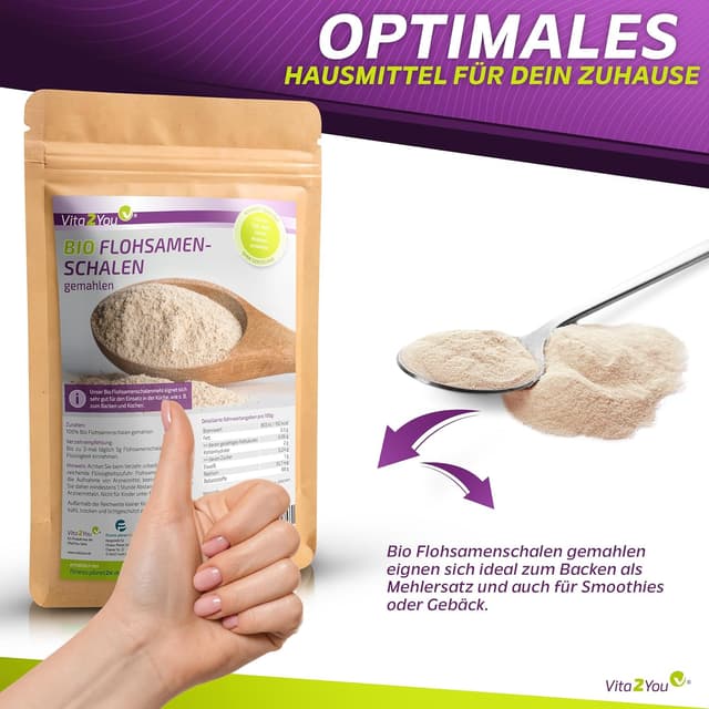 Detalle de Vita2You Bio Flohsamenschalen gemahlen (99% Reinheit) – 1 kg, ideal zum Backen