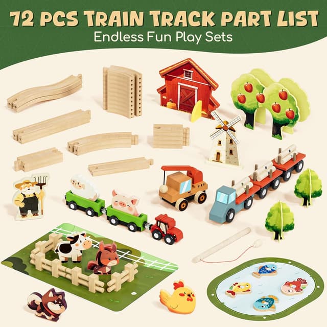 Detalle 2 de Lehoo Castle Wooden Train Set (72 pcs) – Farm-themed magnetic crane wooden tracks for ages 3–6