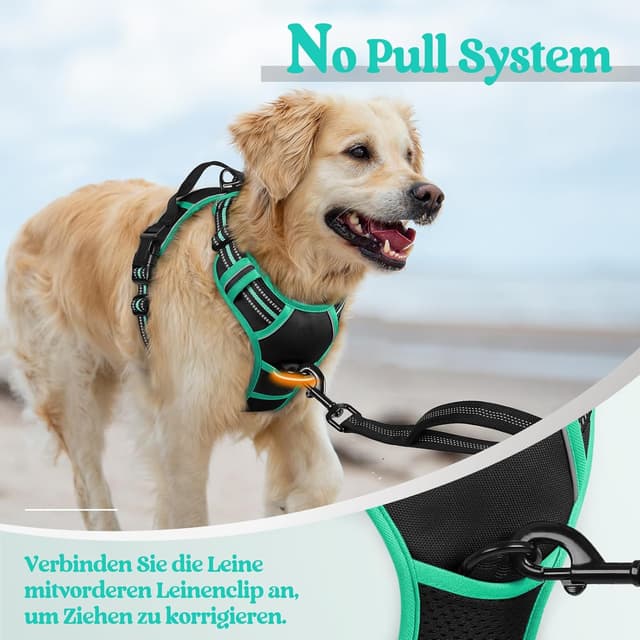 Detalle 2 de rabbitgoo Hundegeschirr Größe XL mit Anti-Zug & Schnellverschlüssen – verstellbar, atmungsaktiv und mit Reflexstreifen (schwarz & grün)