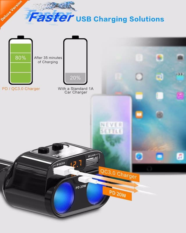 Detalle 2 de SUPERONE 200W 2-Socket Car Charger with PD 20W 🔌