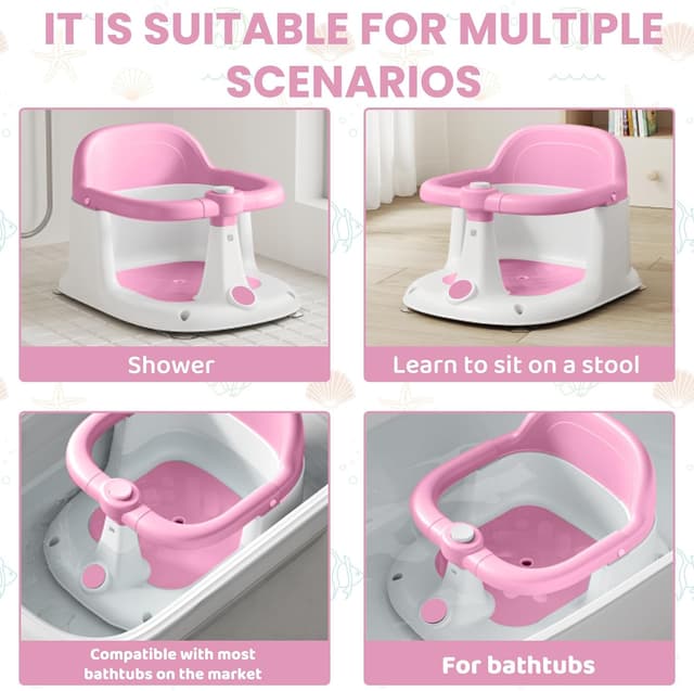 Detalle de UBRAVOO Baby Bath Seat (6-24 Months) with 4 Suction Cups – Non-Slip Infant Bath Tub Chair, Pink