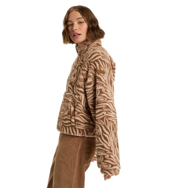 Detalle de Roxy Forro polar de mujer Blurry Cloud Print: polar holgado con cremallera y sherpa estampada
