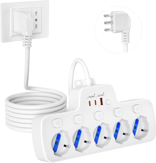 Detalle de Ciabatta multipresa 5 posti con USB 1,5 m