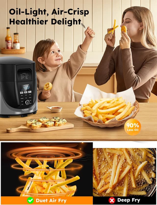 Detalle de Nuwave Duet Air Fryer, Electric Pressure Cooker & Grill Combo (540 1 Multicooker, 3 Removable Lids, 18/10 SS Pot)