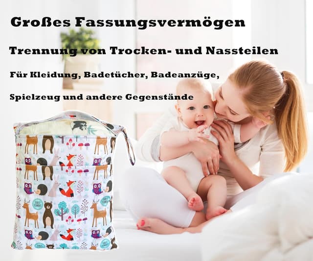 Detalle de TRASUN Wetbag 2er-Set für Kindergarten: wasserdichte Nassbeutel/Organizer für Windeln & Schwimmsachen
