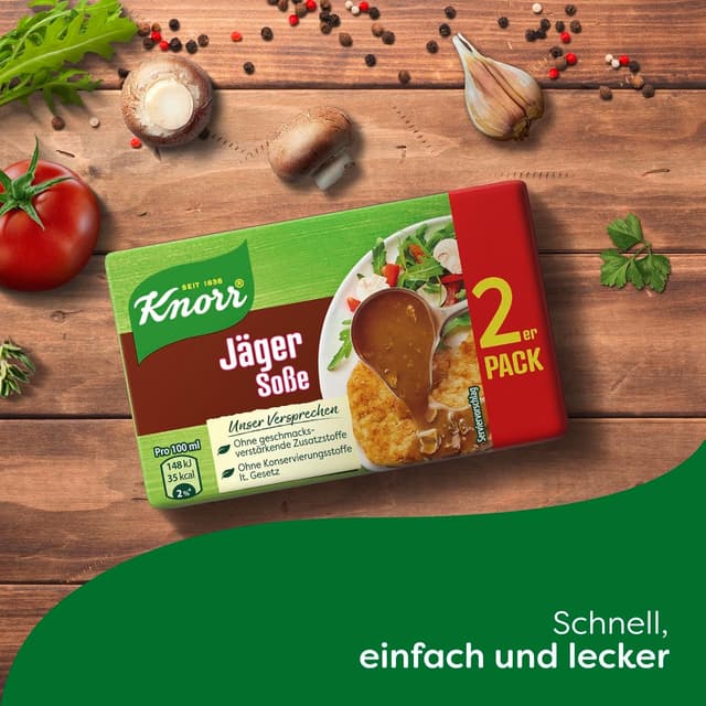 Detalle de Knorr Jäger Soße als braune Sauce ohne geschmacksverstärkende Zusatzstoffe, 2er Pack à 46 g (18 Portionen)