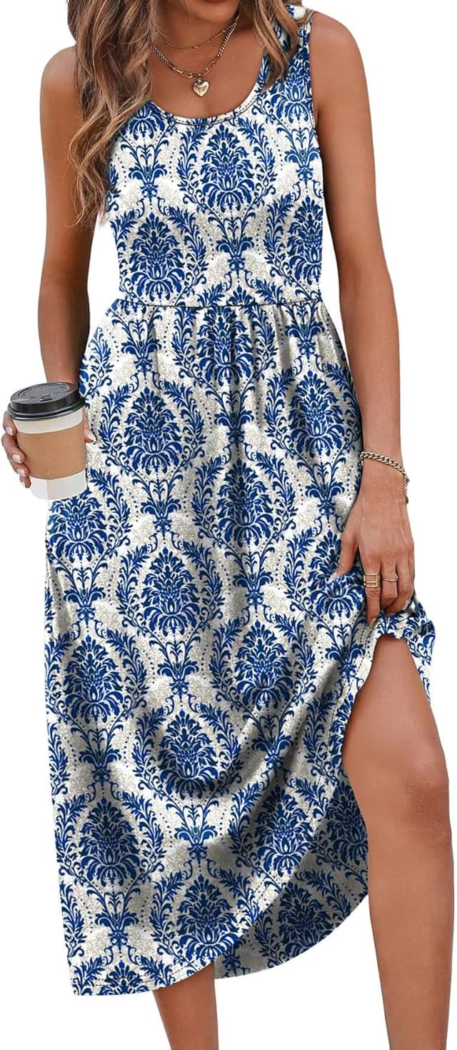 Detalle 2 de WIHOLL Flowly Casual Midi Dress with Pockets for Women — Scoop Neck, Sleeveless Tank Style