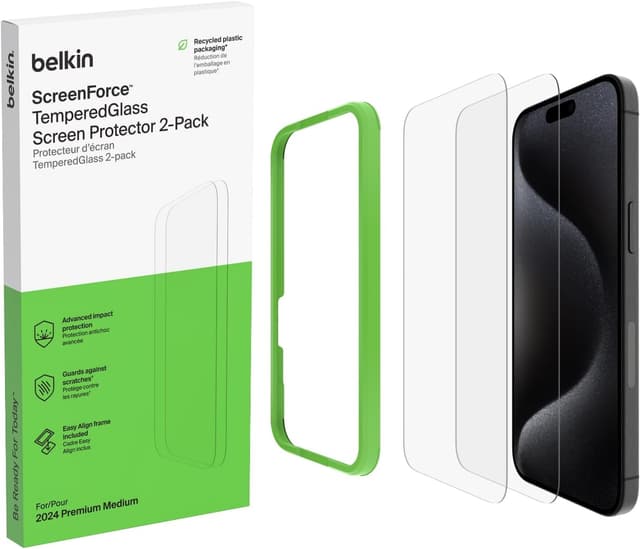 Detalle de Belkin ScreenForce tempered glass screen protector for iPhone 17 + iPhone 16 Pro (2-pack)