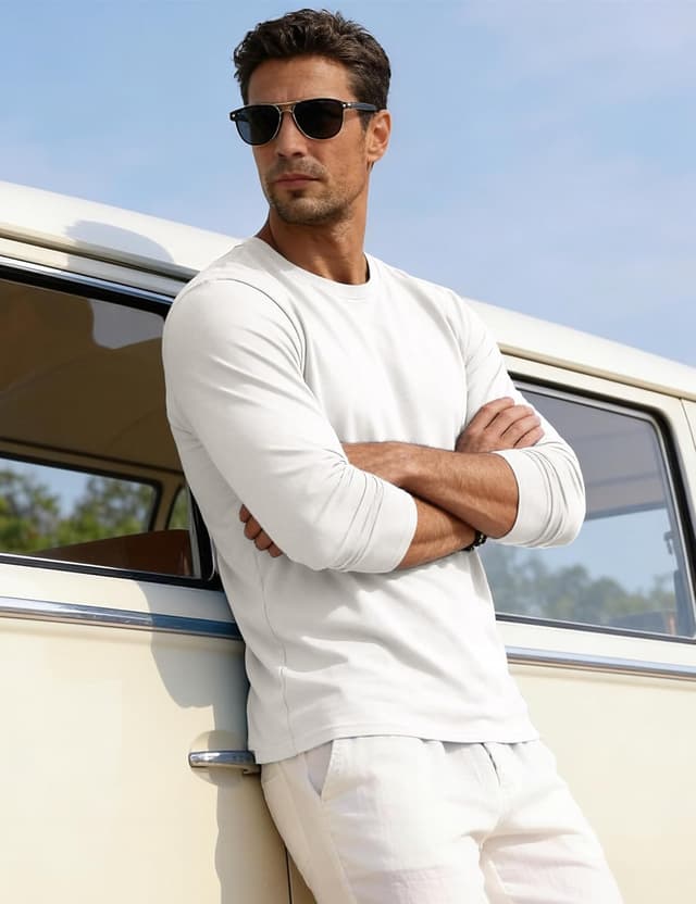 Detalle de EKLENTSON Herren-Langarmshirt aus Baumwolle mit Rundhalsausschnitt – Basic Casual für Alltag & Lagenlook